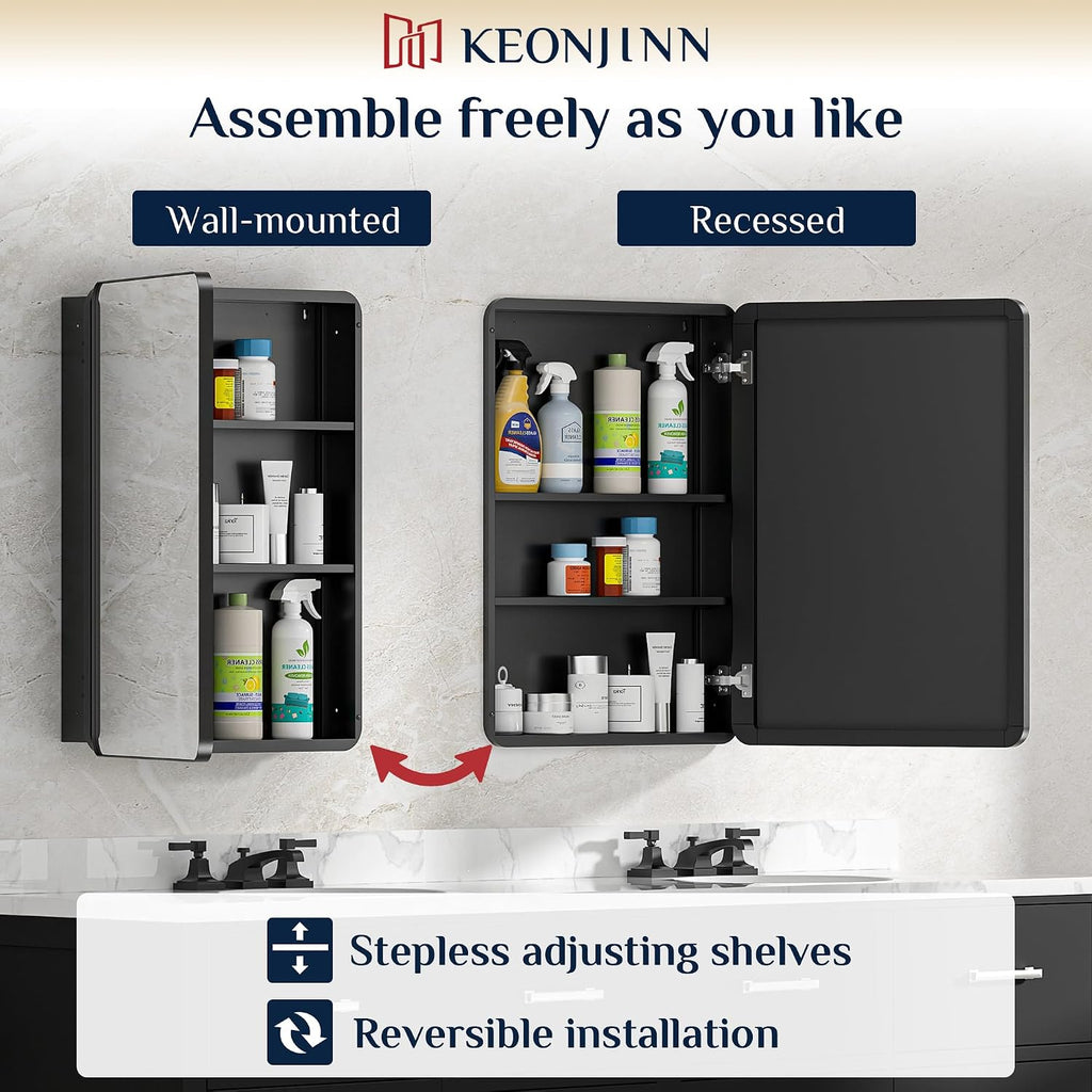 20"x32" Recessed Medicine Cabinet with Mirror, Black Framed | Stepless Adjustable Shelves, Surface Mount/in Wall