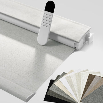 Motorized Roller Blinds with Remote, No Drill Smart Roller Shades for Indoor Windows, Blackout Linen Fabric