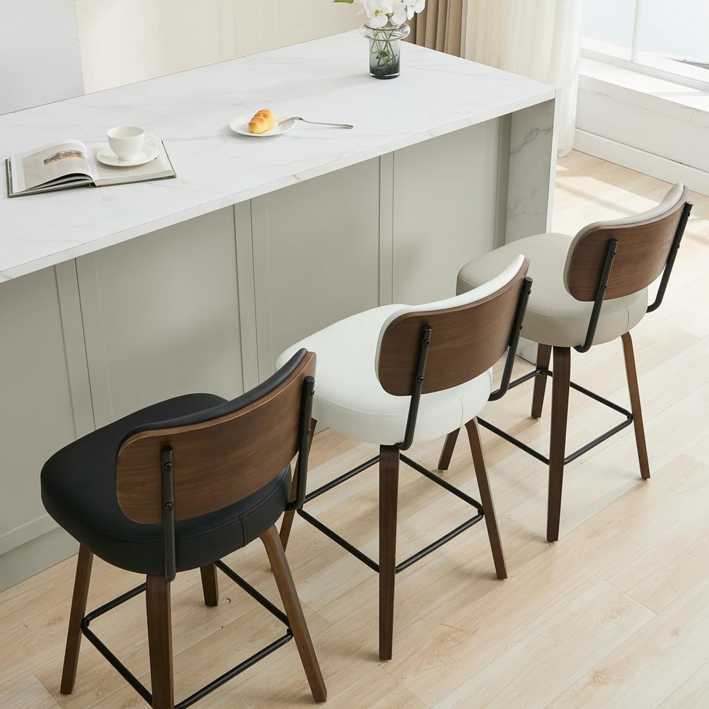Swivel Bar Stools Set of 3, 26" Upholstered Counter Height Bar Stools with Back and Walnut Wood Legs, Faux Leather
