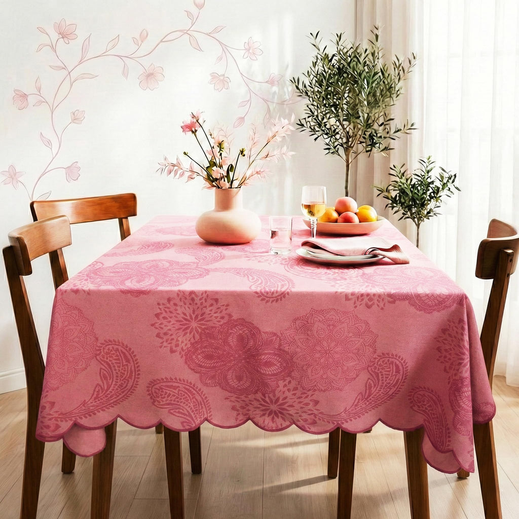 Cotton Damask Print Tablecloth with Scalloped Edge, Machine Washable, Onion Pink, 60 x 90 Inch Rectangle