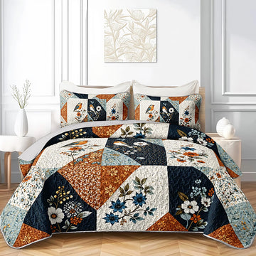 Cream Floral Diamond 3-Piece Quilt Set with 2 Pillow Shams, Farmhouse Patchwork Soft Lightweight Microfiber