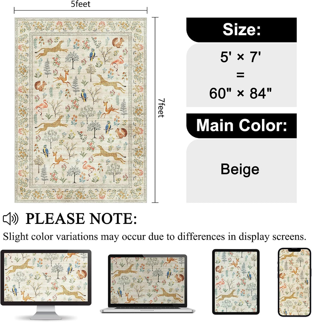 5x7 Area Rugs, Washable Animal Rug Non Slip, Beige