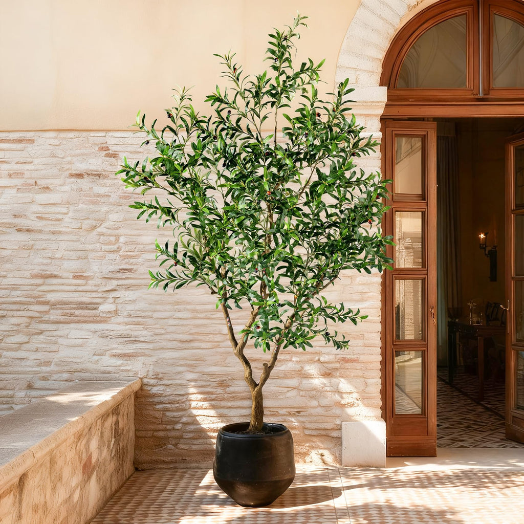 8FT Faux Olive Tree with Tall Exquisite Planter Artificial Olive Tree Tall, Potted Fake Olive Plant with 2070 Real