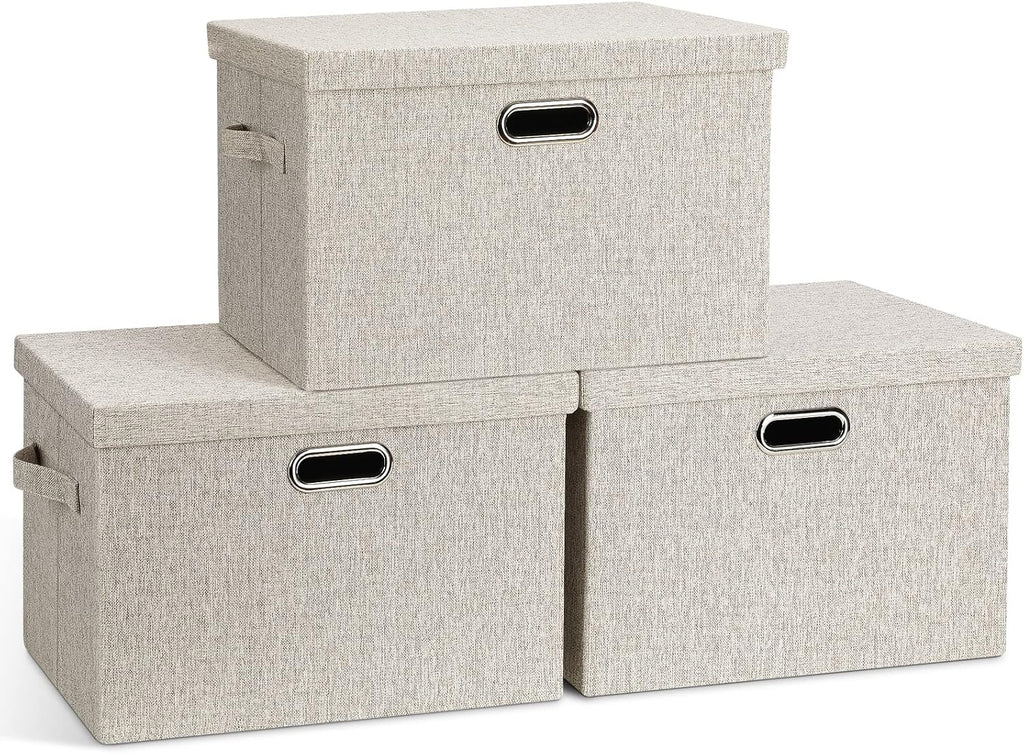 Large Quart Collapsible Stackable Storage Bins with Lids, 3 Packs Beige Linen Fabric Closet Boxes with Lids, Storage