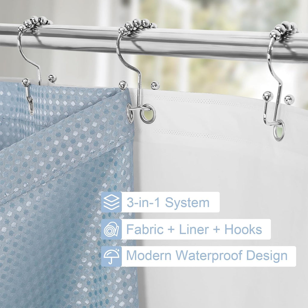 3 in 1 Fog Blue Shower Curtain Set with PEVA Liner & 12 Hooks, 72 x 72 | Fabric shower curtain, modern hotel style