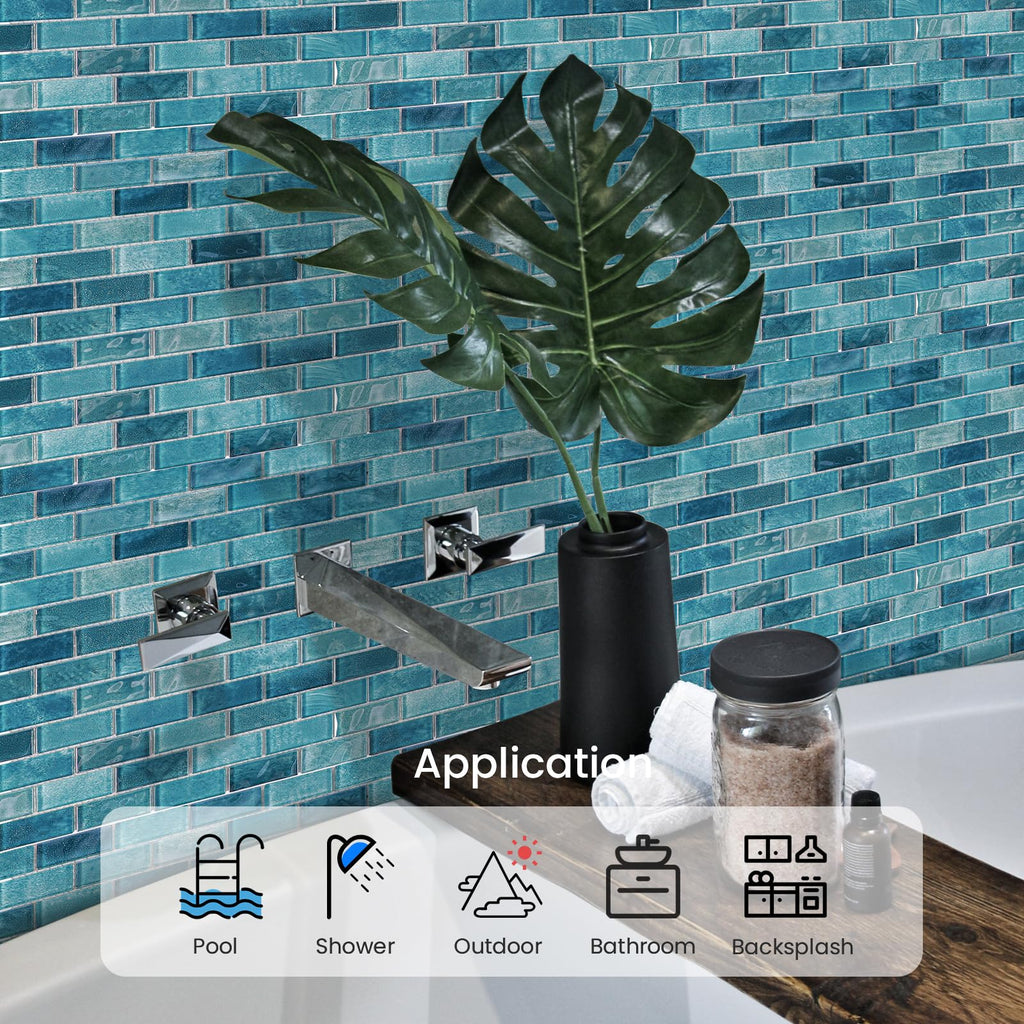Glass Backsplash Mosaic Wall Tiles, 5-Sheet Linear Glass Tiles Bathroom Swimming Pool Shower Tiles (Turquoise, 4.8