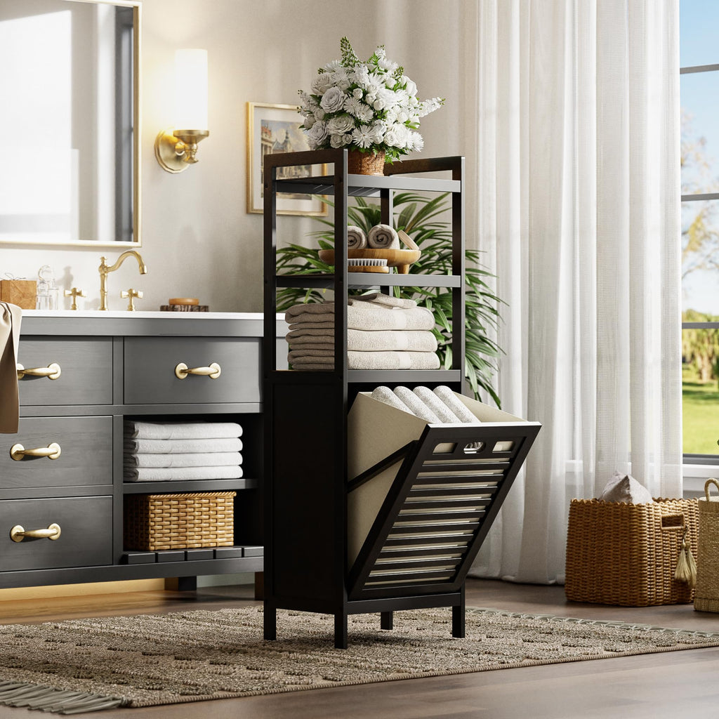 Tilt Out Laundry Hamper, Bamboo Bathroom Cabinet with Pull Out Removable Bag and 3 Tier Storage Shelves, 10 Gal