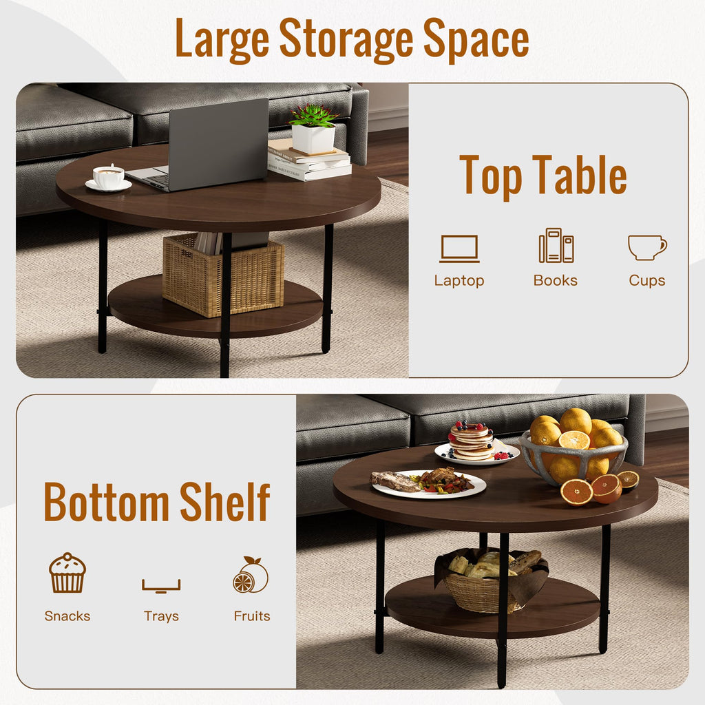 Coffee Tables, 27.6" Round Coffee Table Walnut Coffee Table