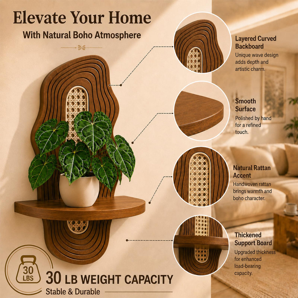 Boho Wall Decor Plant Shelves 2 Pack, Floating Shelves for Wall, Solid Pine