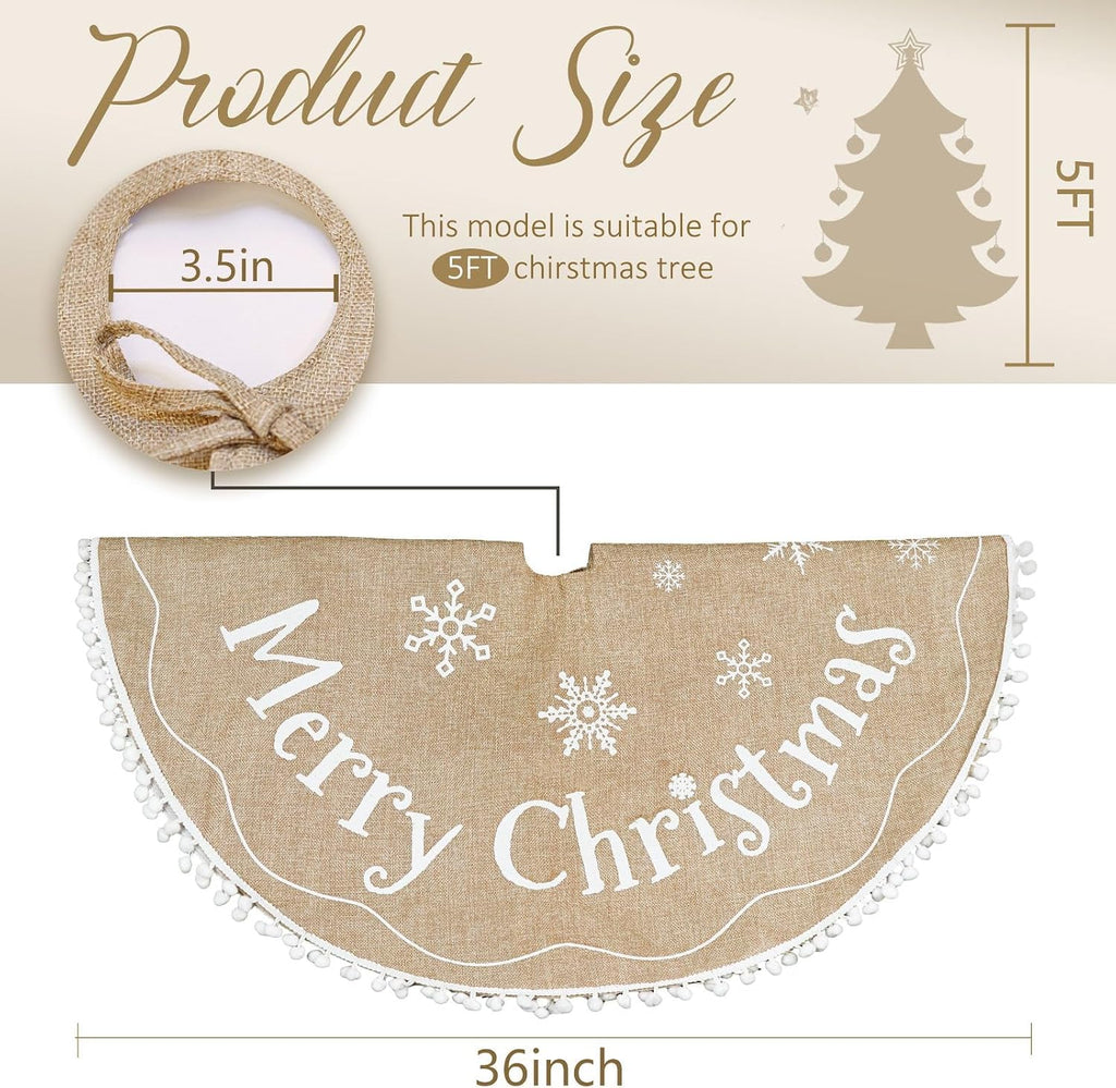 Christmas Tree Skirt 36 Inch, Burlap Tree Skirt Printed with White Snowflake and Merry Christmas Decor, Brown Tree