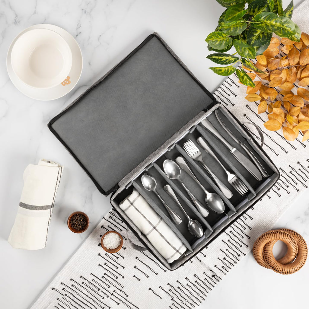 Flatware Storage Case with 5 Adjustable Compartments - Tableware Utensil Chest with Carrying Handles - Protects and
