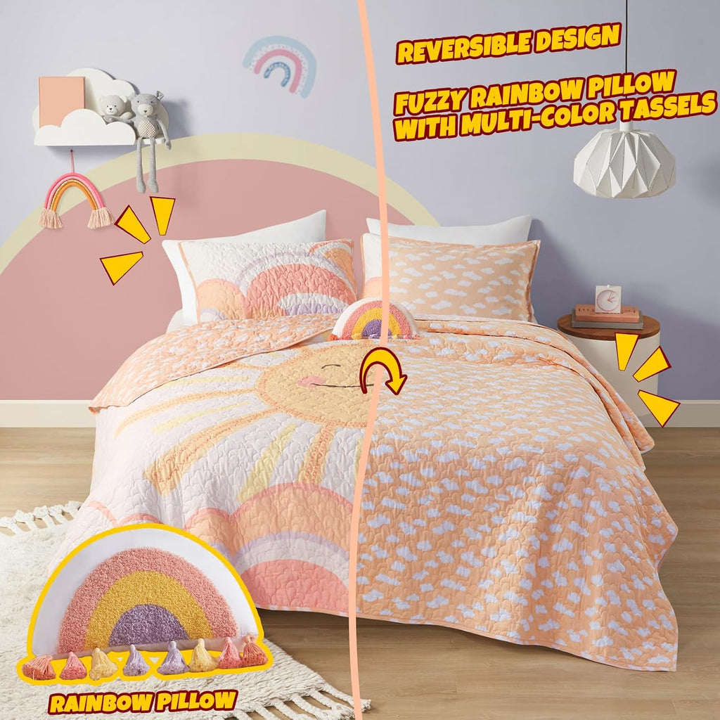 Kids Twin Quilt Bedding Set, Cotton Coverlet Sun Girls Bedding Set Rainbow & Clouds Reversible Dawn Light &