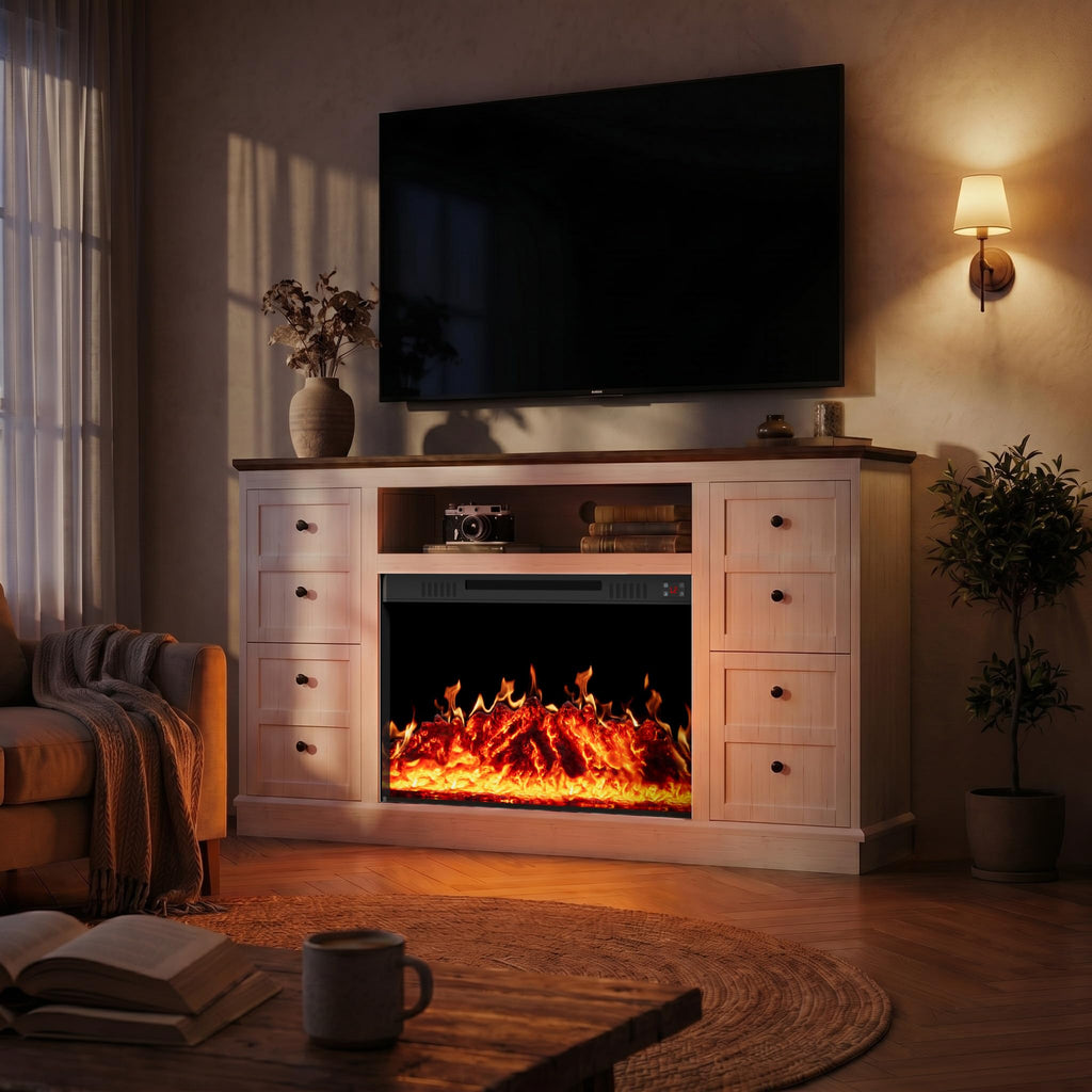 62" Farmhouse Fireplace TV Stand for up to 75" TV, White