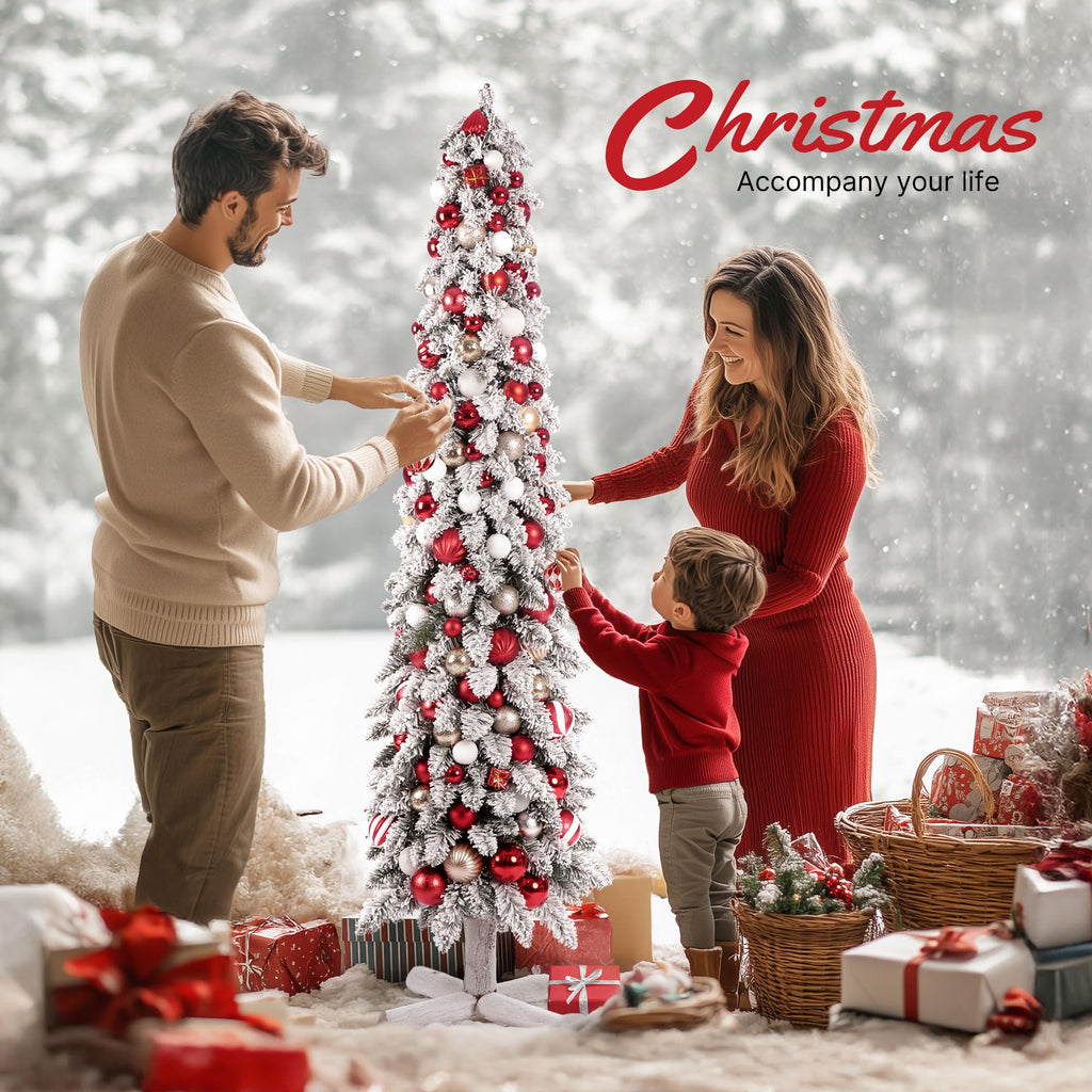 6ft Snow Flocked Pencil Christmas Tree with Remote, Colored LED Lights, Pre-Lit Slim Artificial Skinny Xmas Tree for