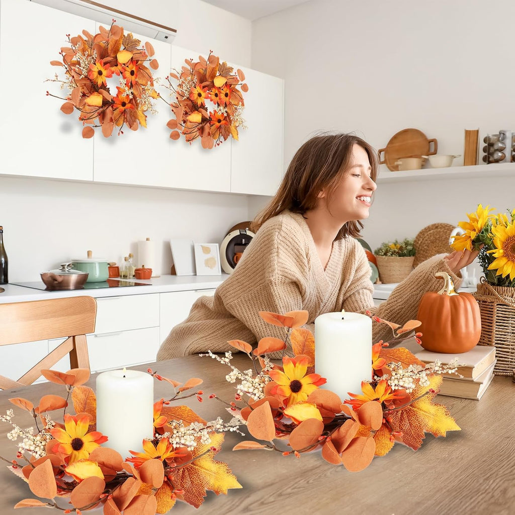 Fall Floral Candle Rings Wreaths Autumn Flower Rings for Centerpieces Harvest Pumpkins Wreath Mini Thanksgiving - Set of 4