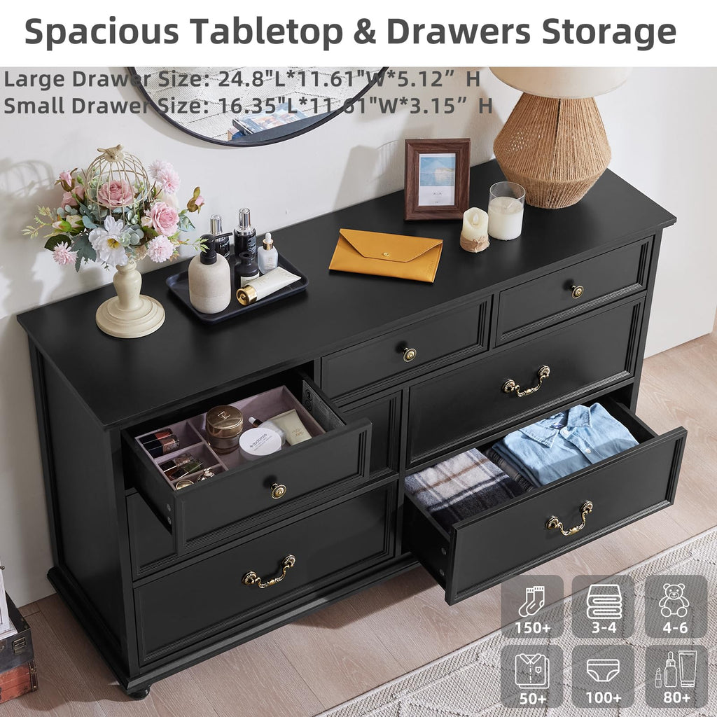 Farmhouse 7 Drawers Dresser, Black 54 Inch Wide Chest of Drawers w/ 4 Wooden Legs, Large Vintage Rustic Closet