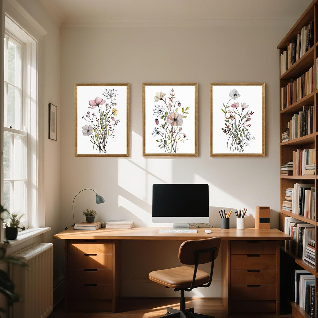 Framed Botanical Canvas Wall Art Set of 3, Watercolor Floral Prints, Framed Flower Wall Decor Bathroom Living Room