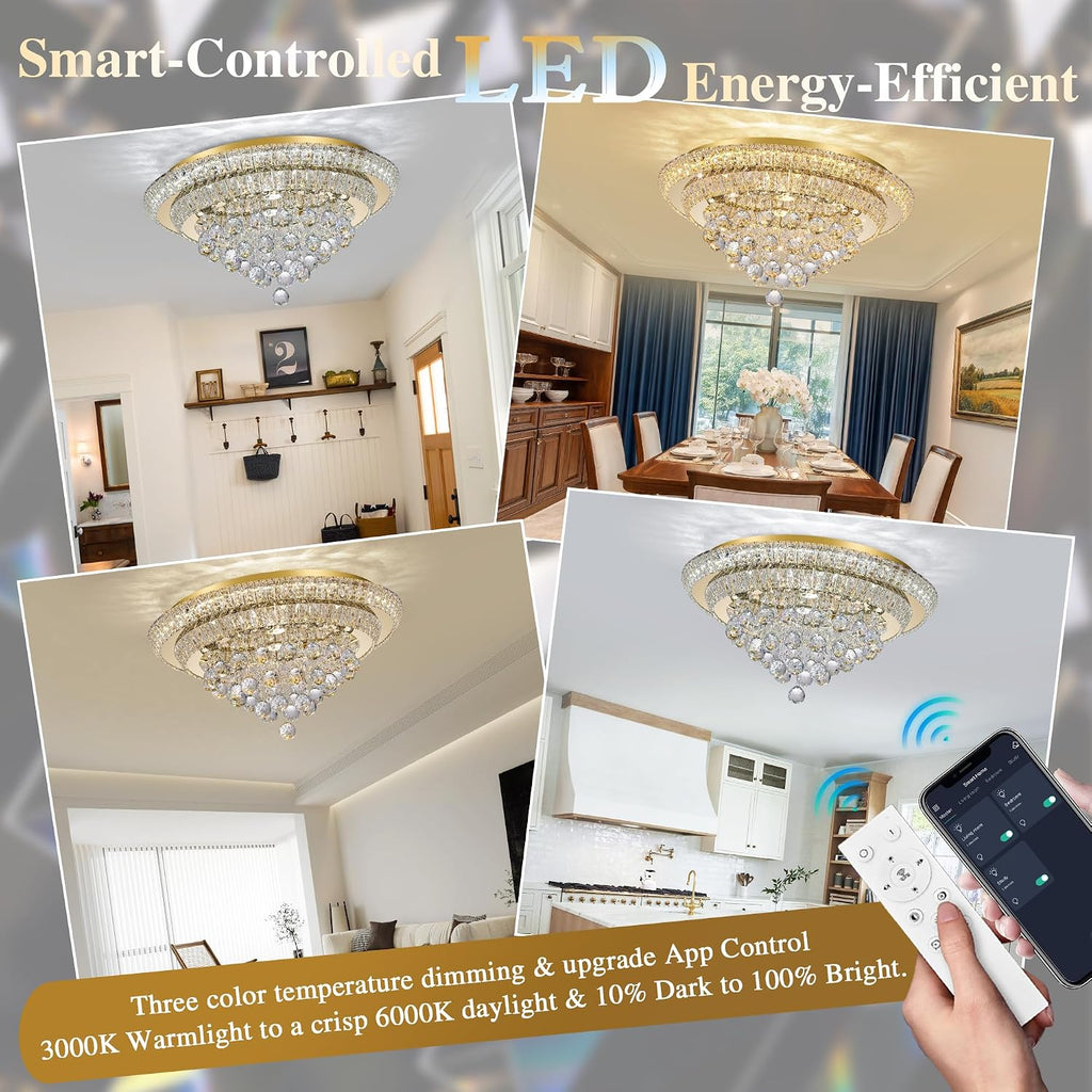 24 inch Crystal Chandeliers With Remote and APP Control, Modern Luxury Flush Mount Gold Chandelier, 3CCT Dimmable
