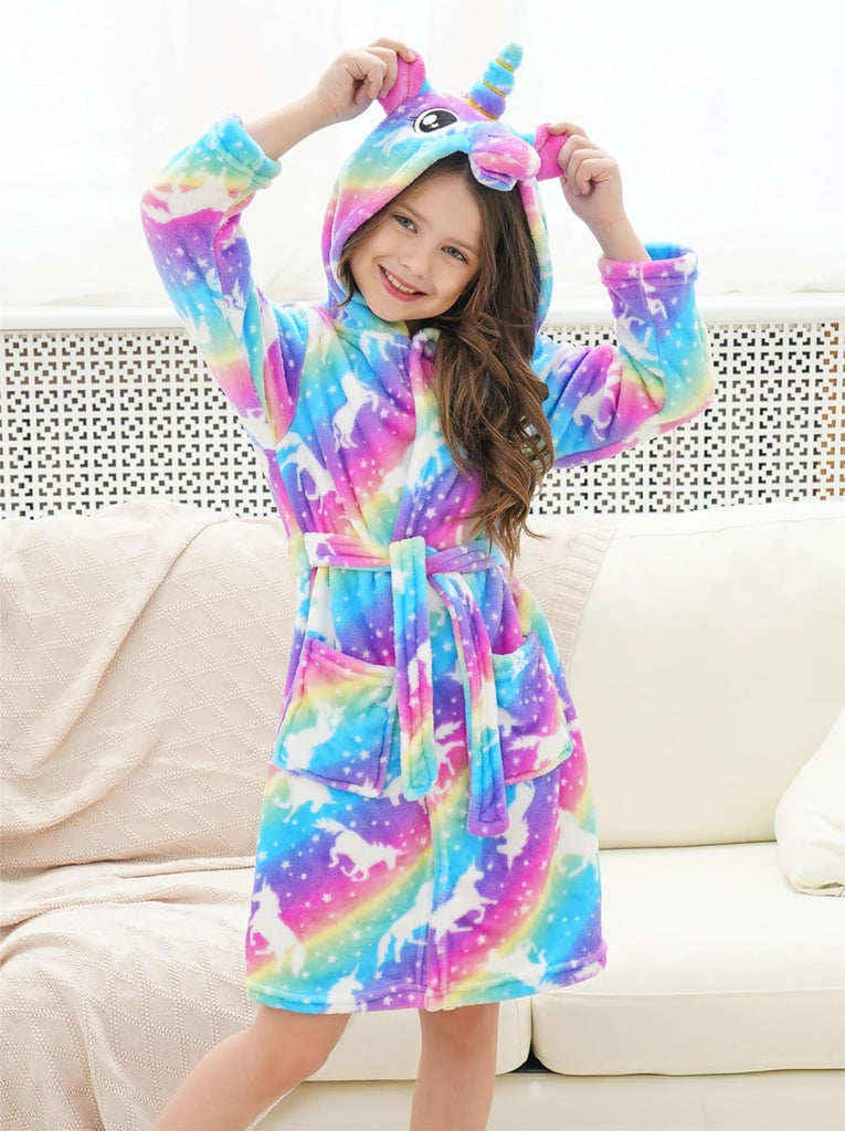 Girls Fleece Hooded Robe Toddler Warm Fuzzy Bathrobe
