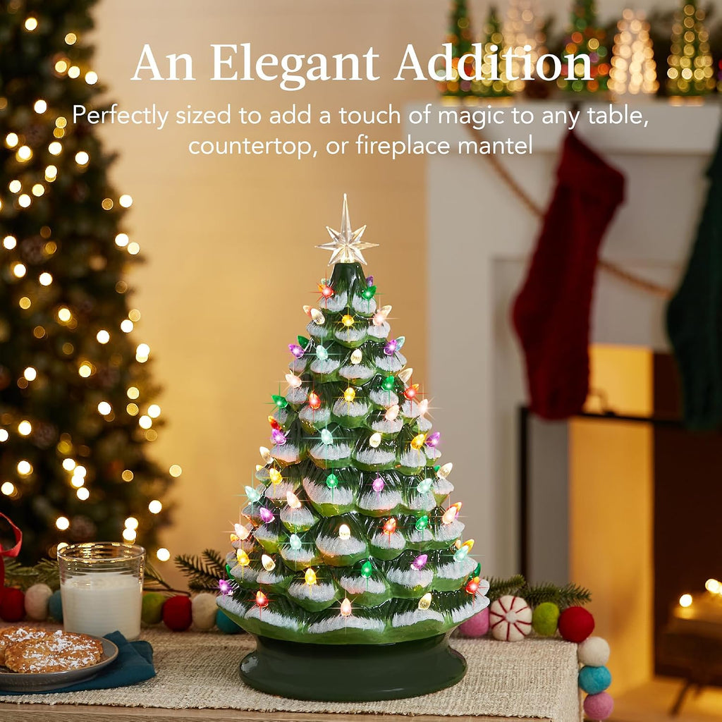 18in Large Ceramic Christmas Tree, Pre-lit Hand-Painted Tabletop Frosted Holiday Decoration w/Power Cord, 2 Star, 93