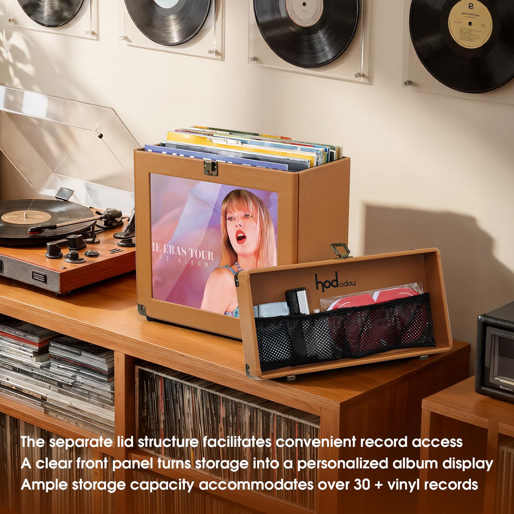 Vinyl Record Storage Box with Lock Record Organizer Storage for 30+ Single Records 12-inch Water Resistant