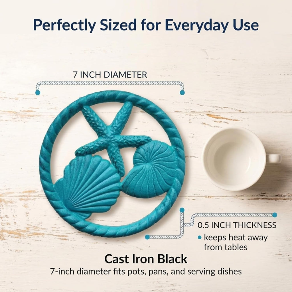 Cast Iron Ocean Trivet - Nautical Seashell and Starfish Trivet for Coastal Kitchen Decor - Heavyweight Beach House