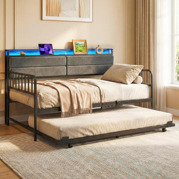 Twin Size Daybed with Trundle & LED Light, Metal Bed Frame with Upholstered Storage Headboard & Charging Station