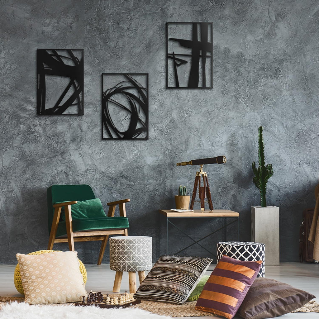 Modern Abstract Metal Wall Art - Minimalist Geometric Line Design Black 3D Textured Wall Sculptures Bedroom Hallway - Set of 3
