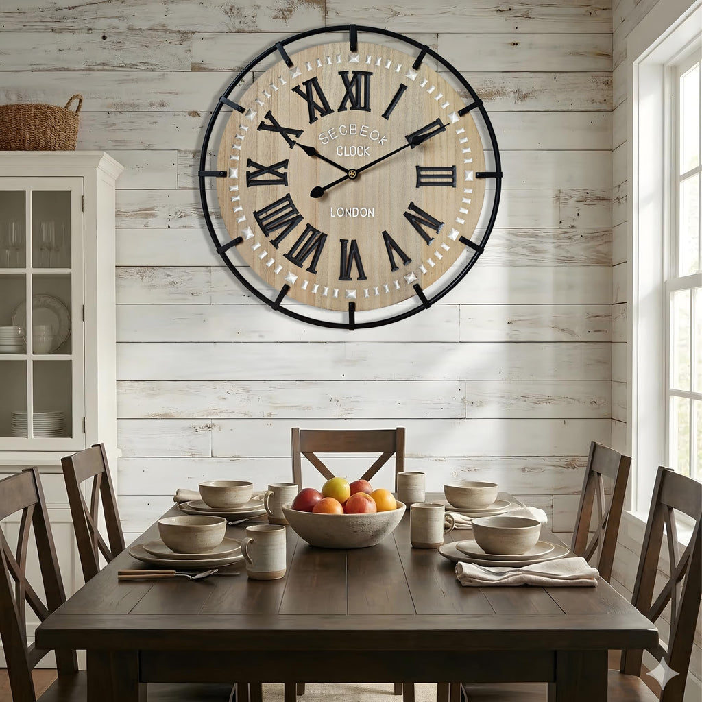 30 Inch Oversized Farmhouse Wall Clock, Metal Rustic Wood with Silent Quartz Movement, Easy Read Roman Numerals
