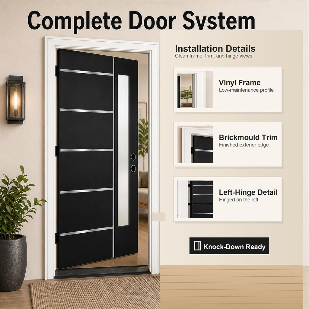 36 x 80 Textured Finished Fiberglass Door with Brickmould, Double-Sided Frosted Glass Modern Style for Home's Front