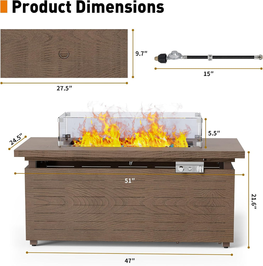 51" Outdoor Propane Fire Pit Table Rectangle Gas Firepit for Outside Patio | 50,000 BTU Fireplace Fire Table w Wind