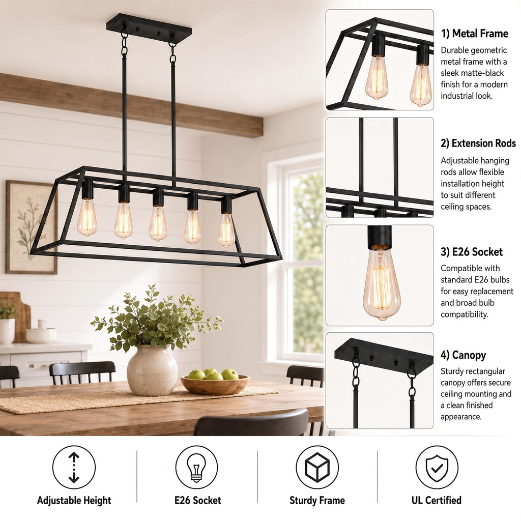 Black Kitchen Island Lighting, 5-Light Farmhouse Chandeliers, Modern Industrial Linear Rectangle Pendant Light