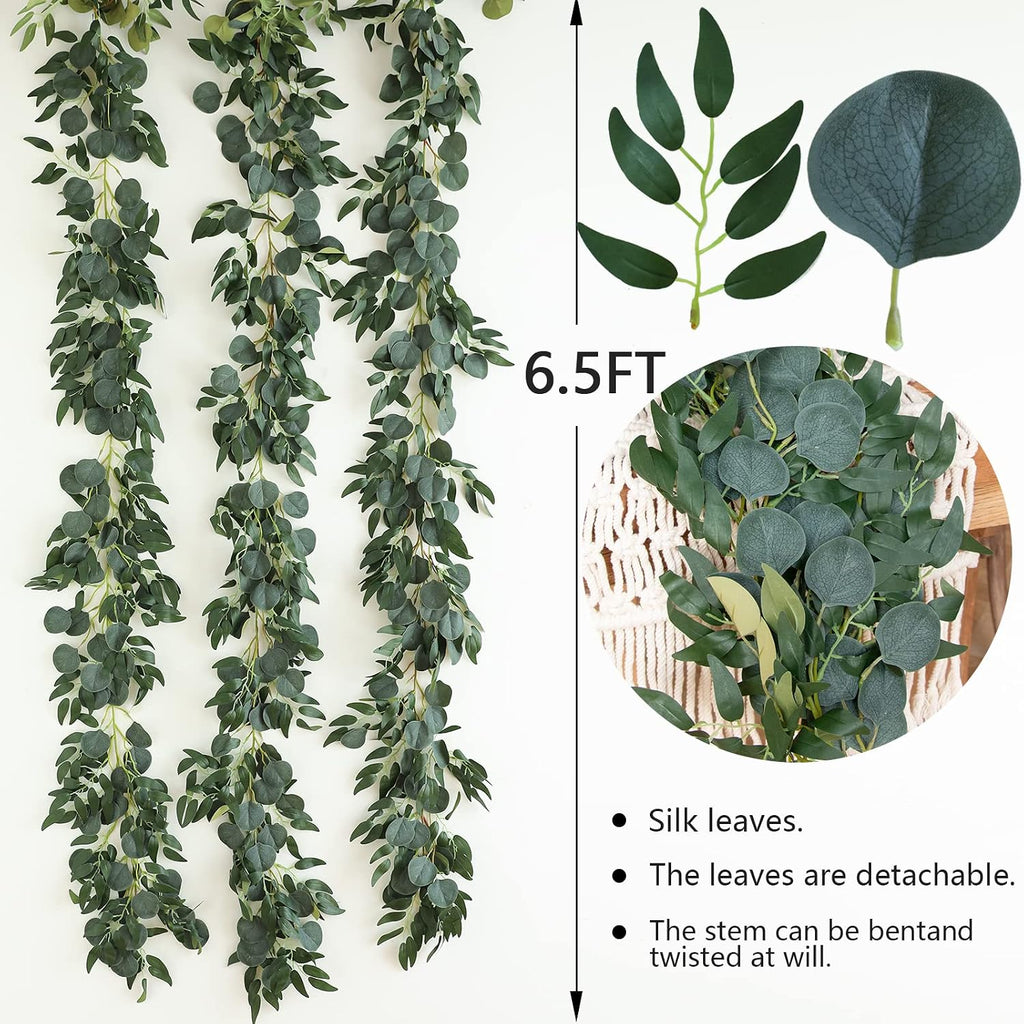 Fake Eucalyptus Vines, 6.5FT Silk Ivy Garland, Odorless Lush Green Leaves Artificial Hanging Plants, Boho Forest - Set of 3