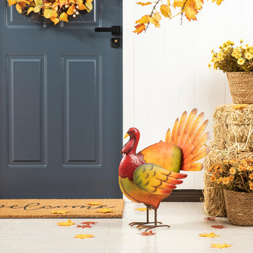 21.5"H Thanksgiving Metal Turkey Porch Decor, Farmhouse Hand-Painted Rustic Turkey Sculpture Statue Sign for