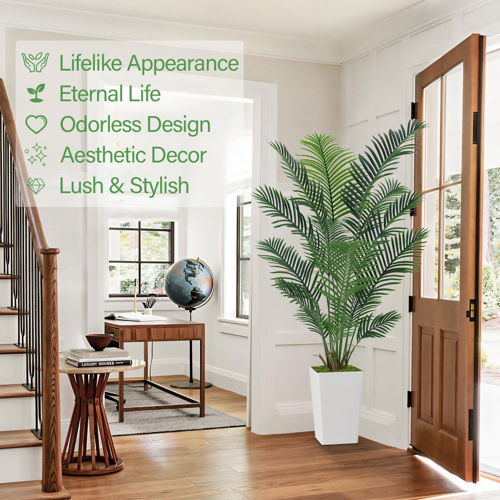 Artificial Palm Tree 6FT, Faux Palm Tree with Tall White Planter, Realistic Leaves & Natural Wood Trunk, Ideal Decor