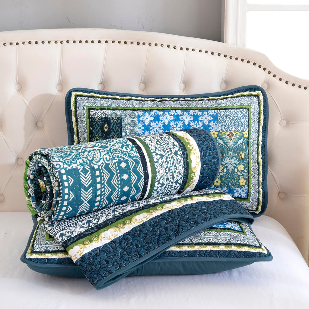 Boho Quilt, 3 Pieces Teal Patchwork Quilt Soft Coverlet Reversible Lightweight Farmhouse Quilts with 2 Pillow