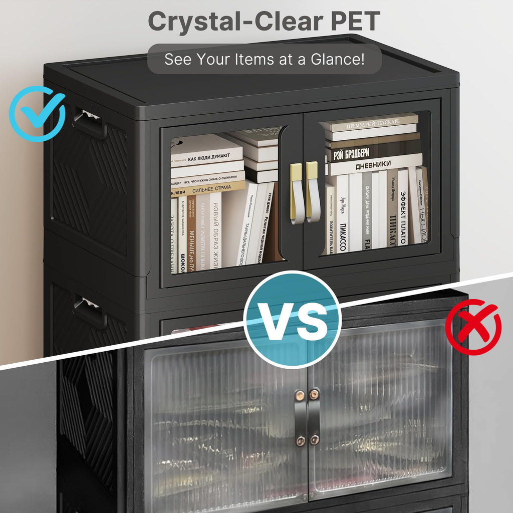 Stackable Storage Bins with Lids, Clear Doors, Large Storage Cabinet Foldable Collapsible Closet Organizers Dorm