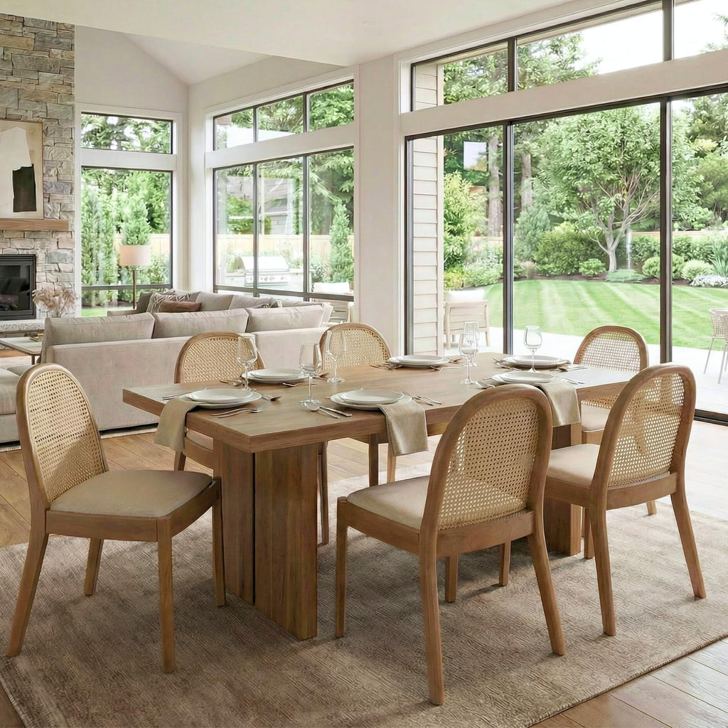 Mid Century Dining Chairs Set of 6, Accent Rattan Linen Fabric Side Chairs Kitchen Chair with Solid Wooden Legs