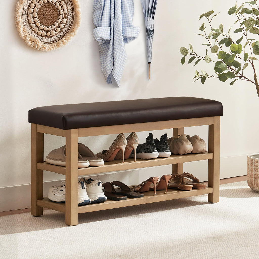 Shoe Rack Bench with Leather Cushion, 2 Tier Solid Wood Storage Bench, Mid-Century Modern Shoe Bench, Closet, Front