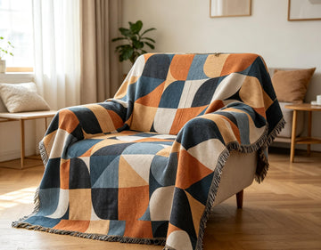 Beige Bohemian Sofa Throw Blankets Ethnic Woven Boho Geometric Multicolor Blue and Orange Throw Blanket for Couch