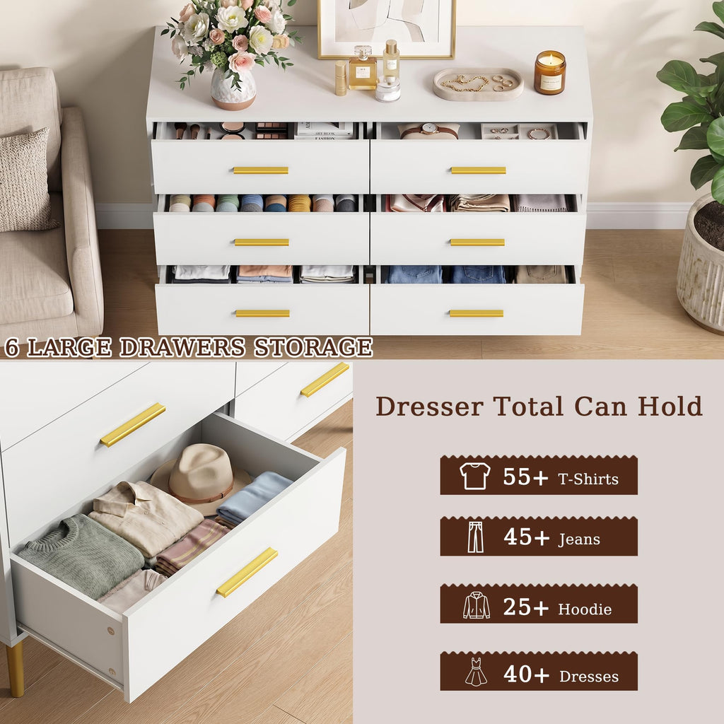 White 6 Drawer, 47" Wood with Gold Handles.