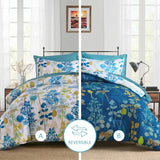 7Pieces King Comforter Set, Blue Yellow Botanical Bed in a Bag Complete Set with Sheet Pillowcase All Season