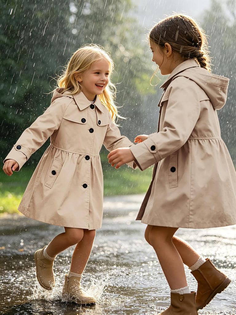 Girl's Rain Jacket Waterproof Single Breasted Hoodie Trench Coat