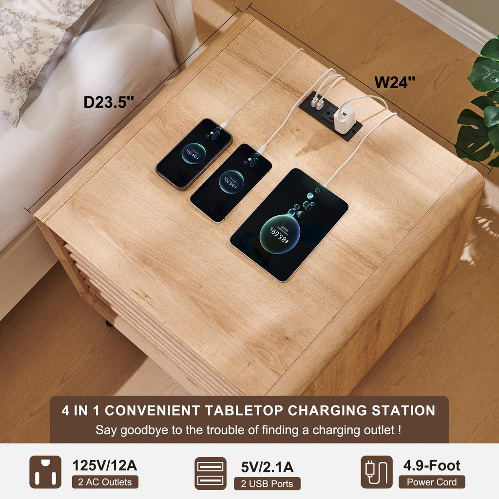 24" Fluted Nightstand with Charge Station, Natural Oak