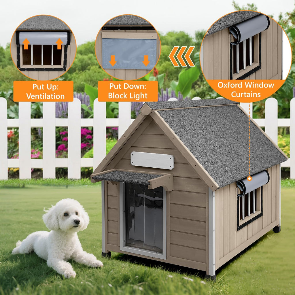 Outdoor Dog House for Small to Medium Dogs, Wooden Weatherproof Kennel