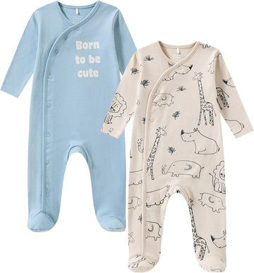 2 Pack Baby Boy Long Sleeve Footie Rib Knit Cotton Side Snap Sleepers for Newborns