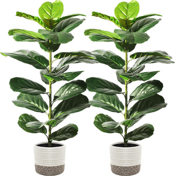 Faux Fiddle Leaf Fig Trees with Cotton Rope Basket, 30 Inches - Set of 2