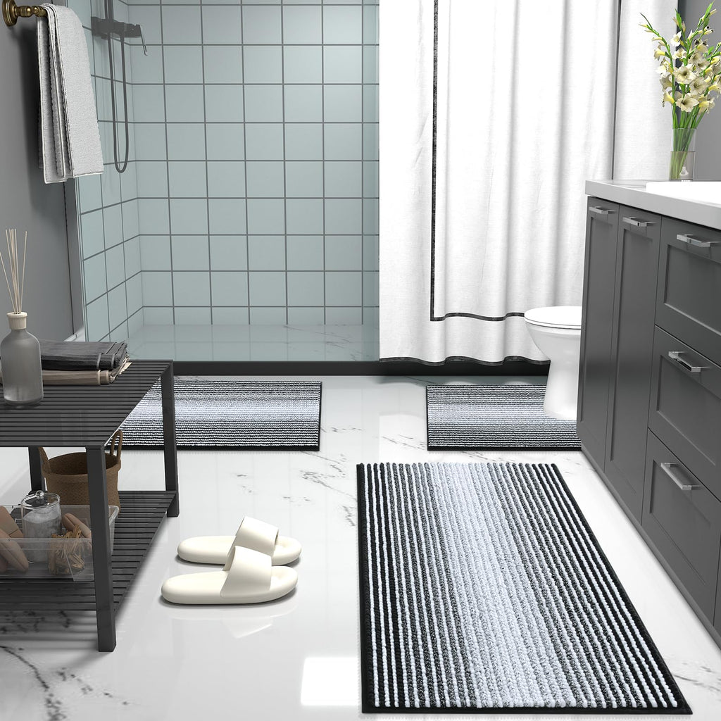 Bathroom Rugs 30x20, Soft Chenille Striped Bath Rugs, Black