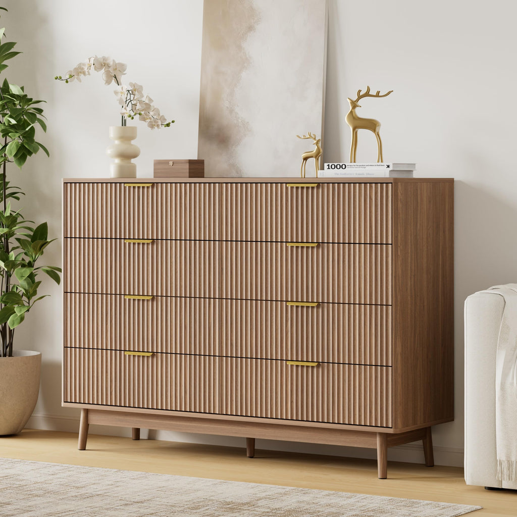 Fluted 8 Drawer Dresser, 55" Wide Modern Chest of Drawers with Curved Profile Design and Metal Handles, Wood Dresser