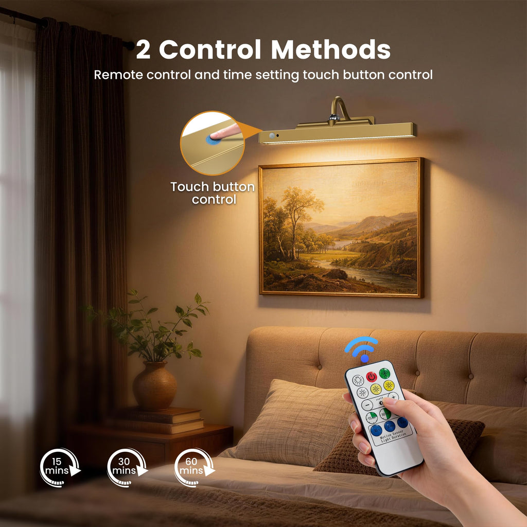 Rechargeable Motion Sensor Picture Light for Wall, 12 Inch, Brass, 2 Pack